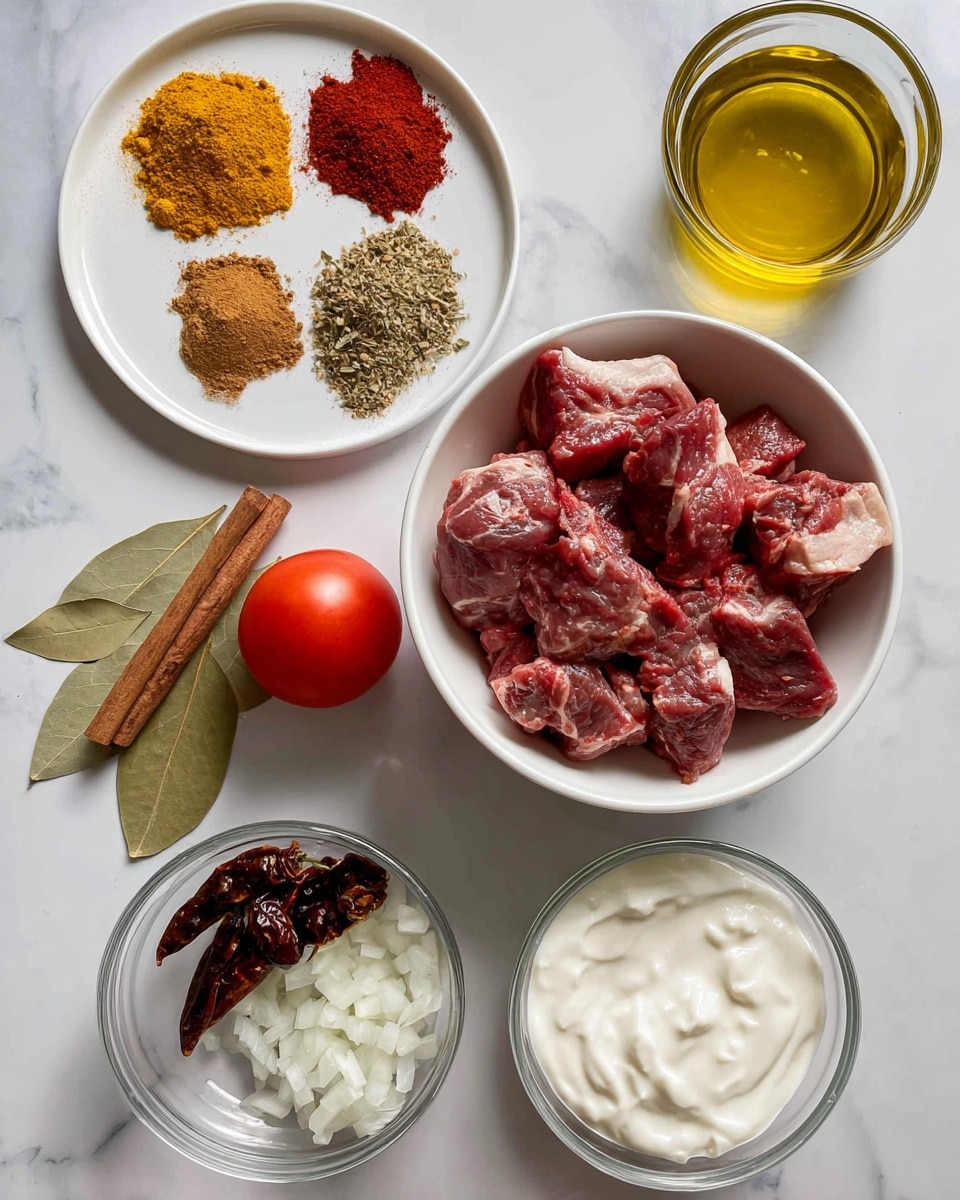 A white bowl filled with chunks of raw boneless lamb, dark red with white fat spots, placed on the right side over a white marbled surface. Above it, a small glass container of golden yellow oil. To the left, a white plate with four groups of powdered spices: bright yellow turmeric, light brown cumin powder, deep red chili powder, and reddish-brown paprika. Below, a smaller white bowl holds whole spices including brown cinnamon sticks, green bay leaves, and dark brown dried chilies. Beside the whole spices, there is one smooth, oval, red tomato. Nearby, a small transparent glass bowl contains finely chopped white onions. Below, another small glass bowl filled with thick, creamy, white plain yogurt. The surface setting is a clean white marbled texture photo taken with an iphone --ar 4:5 --v 7