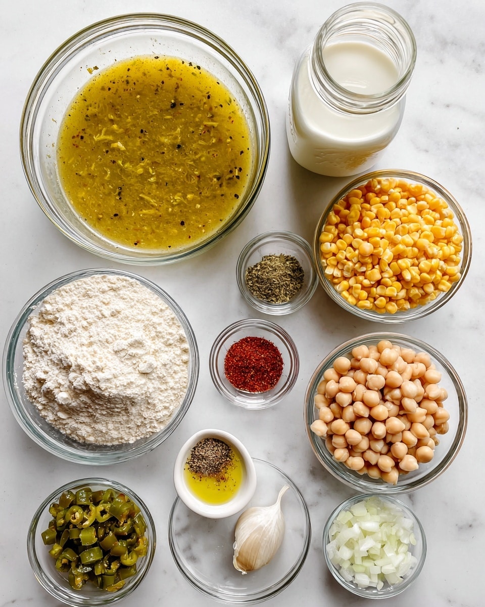 The image shows clear glass bowls and a glass jar arranged on a white marbled surface. The largest bowl at the top left holds a thick yellow-green broth with visible specks of herbs and spices. To the top right, a glass jar is filled with white milk. Below the broth, a small glass bowl contains bright yellow corn kernels. Next to the corn, a very small glass bowl holds a mix of red, green, and brown powdered seasonings. Below the corn and seasonings, another small glass bowl is filled with white flour. To the right of the flour, a medium glass bowl contains pale chickpeas and light brown navy beans mixed together. Above this bowl, a small glass bowl holds finely chopped white onions. Just below the onions, a tiny glass bowl contains minced garlic. In the bottom left corner, another small glass bowl has diced green chiles with a textured, slightly wet look. A small white dish near the center holds salt and pepper. A small clear bowl with a pale yellow liquid oil is placed beside the onions. All items are simply set with no extra decoration. Photo taken with an iphone --ar 4:5 --v 7