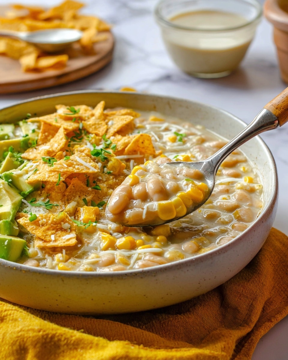 A deep white bowl filled with creamy white chili showing three main layers: at the base, a thick mixture of pale yellow and white beans with small soft corn kernels, giving a chunky texture; on one side, bright green avocado cubes and crushed pale orange tortilla chips topped with some shredded white cheese and small green herb pieces. A silver spoon with a wooden handle is scooping the chili from the bowl. The bowl rests on a yellow cloth with a white marbled surface underneath. In the blurred background, there is a small clear glass bowl of creamy light sauce on a wooden board. Photo taken with an iphone --ar 4:5 --v 7