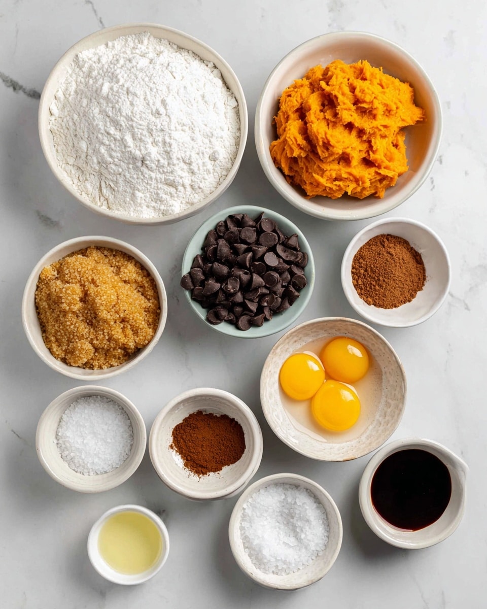 The image shows a top view of several small white bowls placed on a white marbled surface, each filled with different baking ingredients. One bowl has fluffy white flour, another holds bright orange mashed sweet potato, and a third contains golden brown coconut sugar with a grainy texture. A small bowl is filled with shiny dark chocolate chips, while other tiny bowls have fine white baking soda, light brown cinnamon powder, and darker nutmeg powder. Two eggs with bright yellow yolks sit in a white bowl, next to a small bowl with clear coconut oil and another small bowl with a dark vanilla liquid. A tiny white dish holds white salt crystals. Each item is neatly arranged and clearly labeled. Photo taken with an iphone --ar 4:5 --v 7