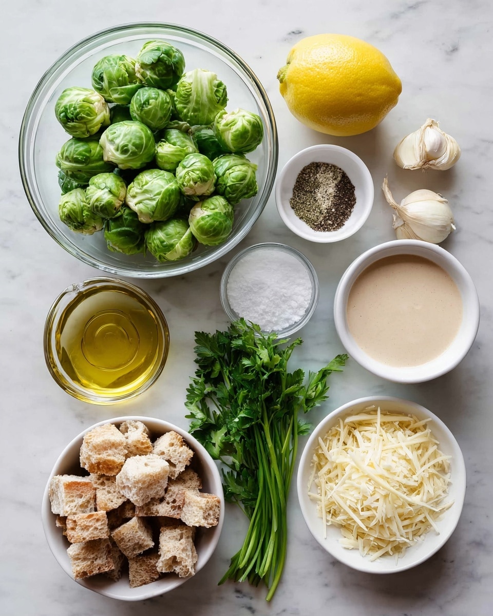 The image shows a flat lay of various raw ingredients arranged neatly on a white marbled surface. Starting from the top left, there is a clear glass bowl filled with fresh, green Brussels sprouts, each with a tightly packed leaf texture. To the right, a whole yellow lemon with a slightly rough peel texture sits next to a small white bowl containing coarse salt and black pepper. Below the lemon is a transparent glass cup holding golden olive oil with a smooth surface. Moving downwards, a small white bowl contains light beige tahini sauce with a creamy texture. Near it, fresh green herbs including flat parsley and spring onions with long green stems rest on the surface. At the bottom left corner, a white bowl is filled with light brown toasted bread cubes that have a crunchy, rough texture. Finally, a smaller white bowl at the bottom center holds shredded pale yellow cheese with soft strands. The arrangement is clean, and the image is taken with an iPhone --ar 4:5 --v 7