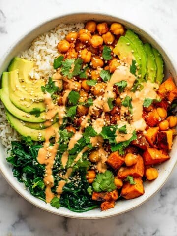 Roasted Sweet Potato and Chickpea Bowl with Tahini-Lime Dressing Recipe