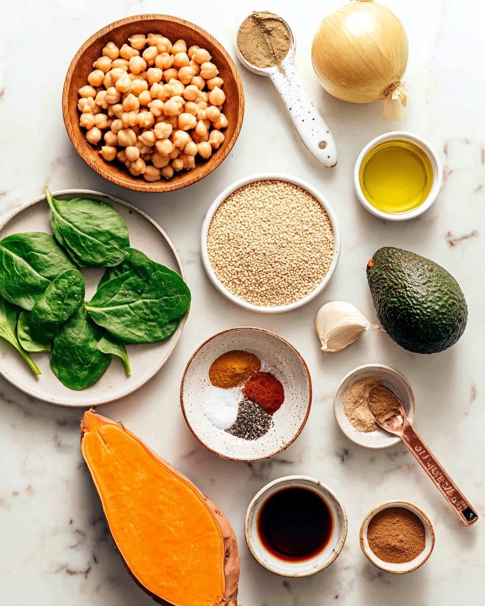 The image shows a flat lay of cooking ingredients on a white marbled surface. At the center bottom is a large half of a bright orange sweet potato with smooth texture. To its right is a small white bowl filled with light brown grains, and next to that is a dark green avocado with a rough skin. Above the grains is a round wooden bowl filled with pale beige chickpeas. To the left bottom is a white plate with fresh green spinach leaves, showing their wet surface and veins. Above the sweet potato to the right is a whole white onion. There is a white round plate at the top right with mixed spices in powder form—brown, dark brown, reddish, and light beige—in separate piles. Next to the spices on the same plate are two white garlic cloves, a small white spoon with black pepper, and a lime half with pale yellow-green flesh. Above this plate is a small ceramic bowl with golden olive oil. To the left of the olive oil bowl is a small round brown bowl filled with smooth tahini sauce. Next to that is a ceramic bowl with dark brown chunky paste and above it is a copper measuring spoon filled with dark soy sauce. The image is bright and clear, showing all textures and colors distinctly photo taken with an iphone --ar 4:5 --v 7