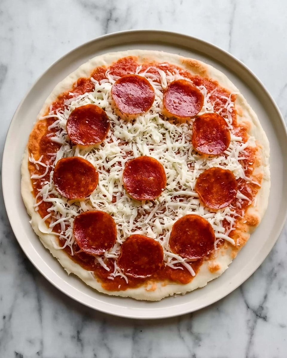 A round pizza on a white plate, showing three layers: the bottom layer is light beige dough spread evenly with a bright red tomato sauce; the middle layer is a thick, even spread of shredded white mozzarella cheese covering the sauce; the top layer features neatly placed round slices of reddish-orange pepperoni, arranged in a circle with some in the center. The plate rests on a white marbled surface. Photo taken with an iphone --ar 4:5 --v 7