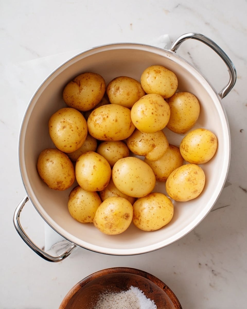 A white pot filled with about 18 small yellow potatoes with light brown spots, arranged loosely in one layer. The pot has two silver handles on each side. Below the pot, a small wooden bowl holds salt and seasoning mix. All items are placed on a white marbled surface, giving a clean and bright look. photo taken with an iphone --ar 4:5 --v 7