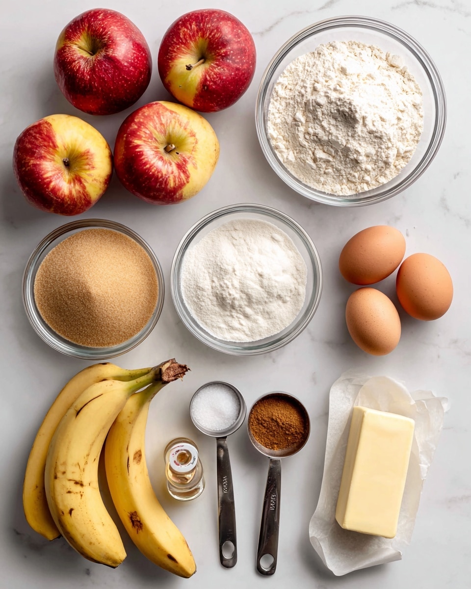 A flat lay of baking ingredients arranged on a white marbled surface includes three red and yellow apples at the top center, two ripe spotted bananas at the bottom left, and two brown eggs next to the bananas. There are clear glass bowls filled with light brown sugar on the left and white flour at the bottom center. A white measuring cup with sugar is placed near the top right along with a small glass bowl of salt. A stick of butter in paper wrapping is at the bottom right. Three metal measuring spoons below the apples hold cinnamon, nutmeg, and baking powder or soda, with a small bottle of vanilla extract beside the salt. The arrangement is neat and evenly spaced, with natural light highlighting the textures of the fresh and dry ingredients. Photo taken with an iphone --ar 4:5 --v 7
