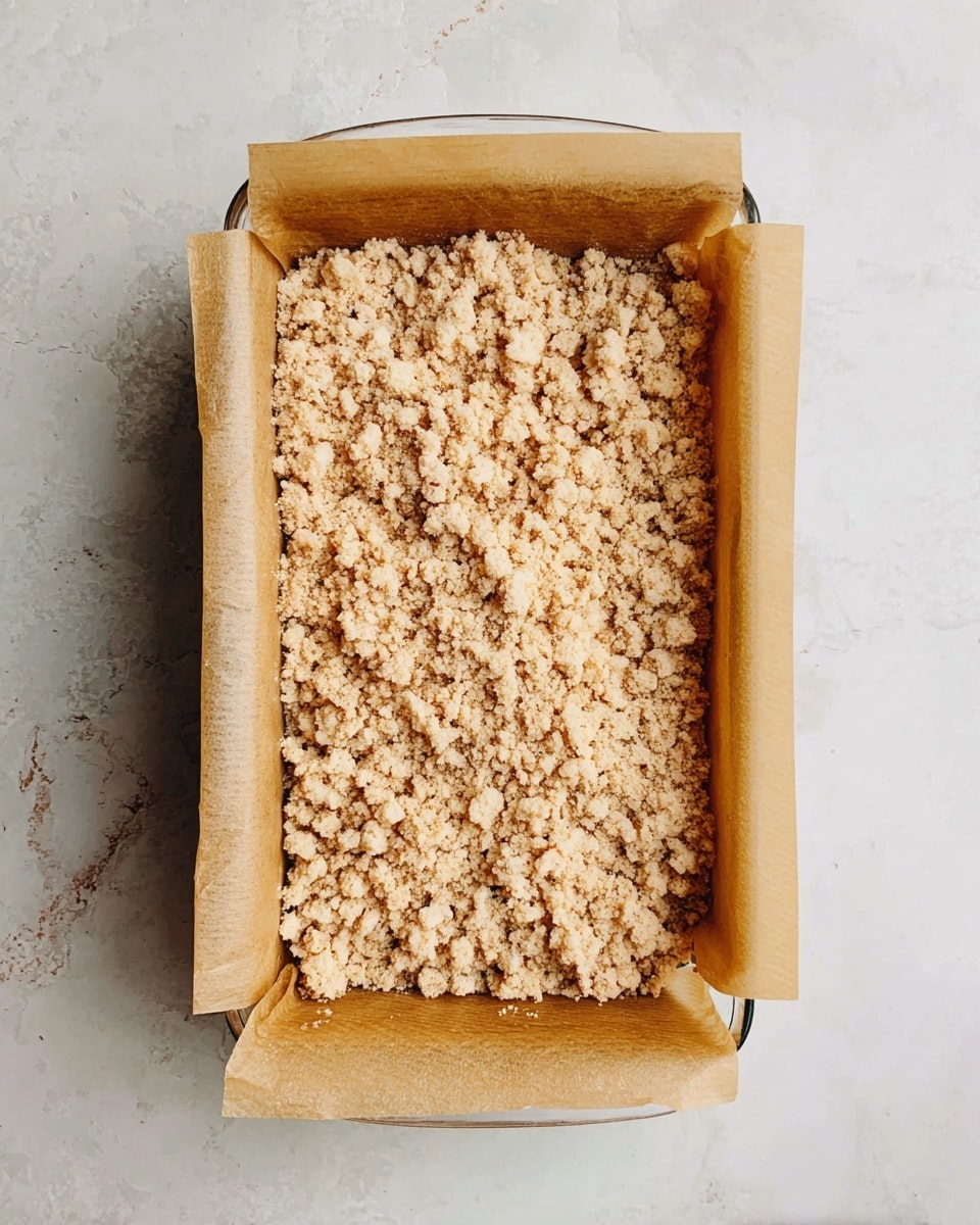 A rectangular glass baking dish lined with brown parchment paper shows a top layer of light beige crumbly streusel topping made of uneven small and medium clumps, covering a hidden layer underneath. The baking dish is set on a white marbled surface, and the texture of the topping looks dry and coarse with a slightly rough appearance. photo taken with an iphone --ar 4:5 --v 7