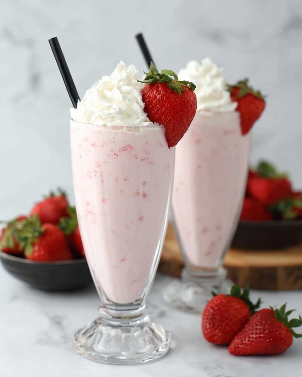 Two tall clear glasses each hold a light pink strawberry milkshake with small red bits mixed in. On top of each milkshake there is a fluffy white swirl of whipped cream, crowned with a bright red whole strawberry with green leaves. A black straw is placed in each glass, angled slightly. In the background, there is a dark bowl filled with fresh red strawberries with green leaves, all set on a white marbled surface. One glass is closer and more in focus, the other slightly blurred behind it. Photo taken with an iphone --ar 4:5 --v 7