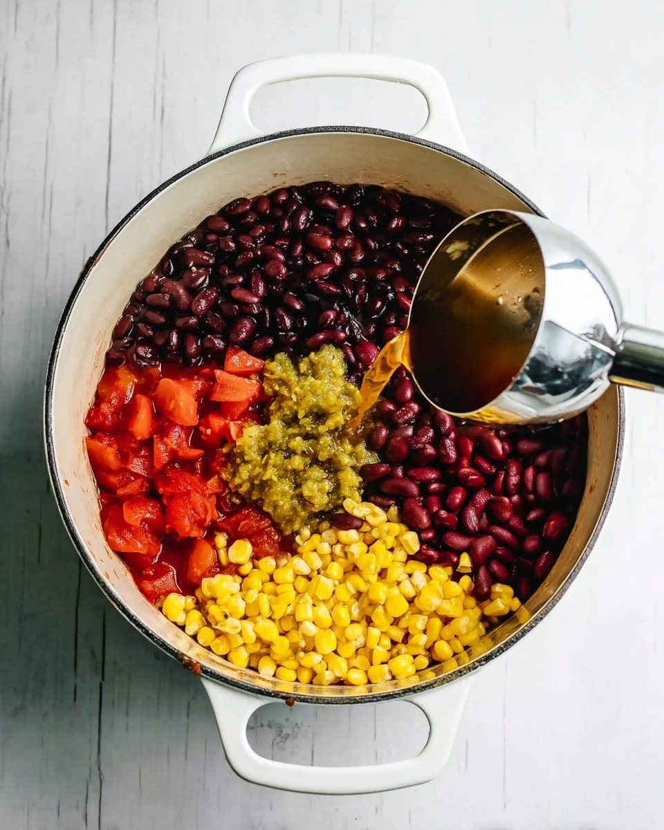 A white pot with two handles sits on a white marbled surface, filled with neatly arranged layers of food. On the left, there are whole black beans, next to a pile of dark red kidney beans on the right. Below them, there is a bright yellow layer of cooked corn kernels, and above the corn is a chunky greenish-yellow salsa with bits of vegetables. On the left side, under the beans, there are pieces of cooked red tomatoes. A shiny silver measuring cup is being tilted, pouring liquid into the pot from the right side. The colors are vivid and the textures range from smooth beans to chunky salsa. photo taken with an iphone --ar 4:5 --v 7