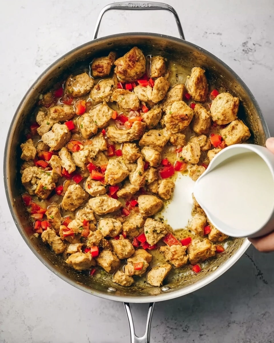 A large silver pan filled with several golden-brown chunks of cooked chicken mixed with small pieces of red bell pepper scattered throughout. White creamy liquid is being poured over the chicken from a white jug on the right side of the pan. The pan is set on a white marbled surface, and part of a woman's hand holding the jug is visible. The dish has a rustic and hearty look with a mix of warm, light brown, red, and white colors. photo taken with an iphone --ar 4:5 --v 7