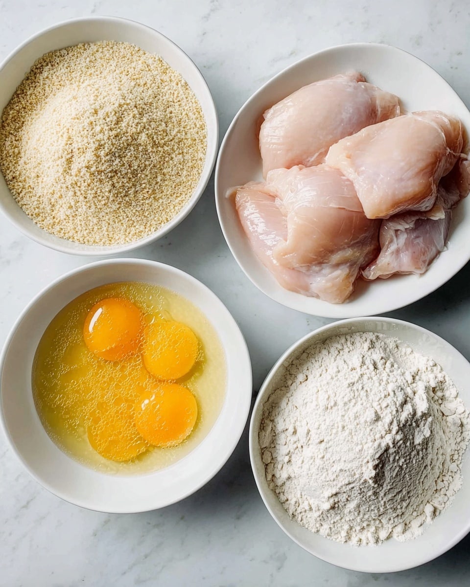 The image shows four white bowls on a white marbled surface, each containing different ingredients arranged in a grid pattern. The top right bowl holds several raw chicken pieces, light pink and smooth in texture, slightly overlapping each other. The top left bowl is filled with light beige breadcrumbs that have a coarse, grainy texture. The bottom left bowl contains beaten eggs with a smooth, slightly frothy yellow-orange surface. The bottom right bowl has white flour with a fine, powdery texture spread evenly inside the bowl. Photo taken with an iphone --ar 4:5 --v 7