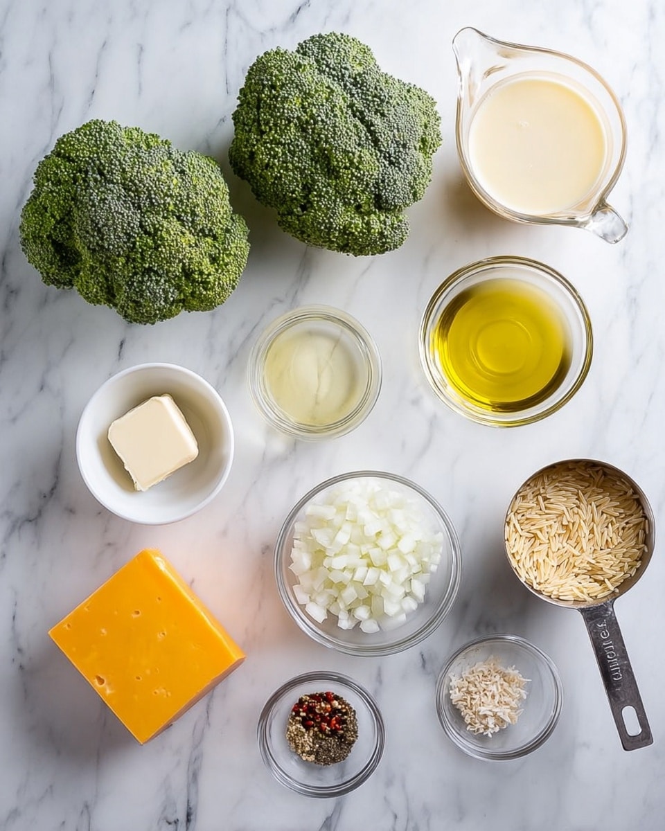 The image shows ingredients arranged neatly on a white marbled surface. On the left, two fresh green broccoli heads are placed side by side. Next to them, a small white bowl holds finely chopped white onions. In front of the bowl, there is a small clear glass bowl with a pat of butter. Nearby, another clear glass bowl contains light yellow olive oil. To the right of the oil, a small glass bowl holds a mix of black pepper and reddish spice. Below that, a small clear bowl has finely minced garlic. At the bottom center, an orange block of cheddar cheese rests beside a metal measuring cup filled with white cream. Above the cheese, a metal cup holds uncooked orzo pasta. To the top right, a clear measuring cup is filled with light yellow broth or stock. All items are clearly visible and spaced evenly across the surface. Photo taken with an iphone --ar 4:5 --v 7