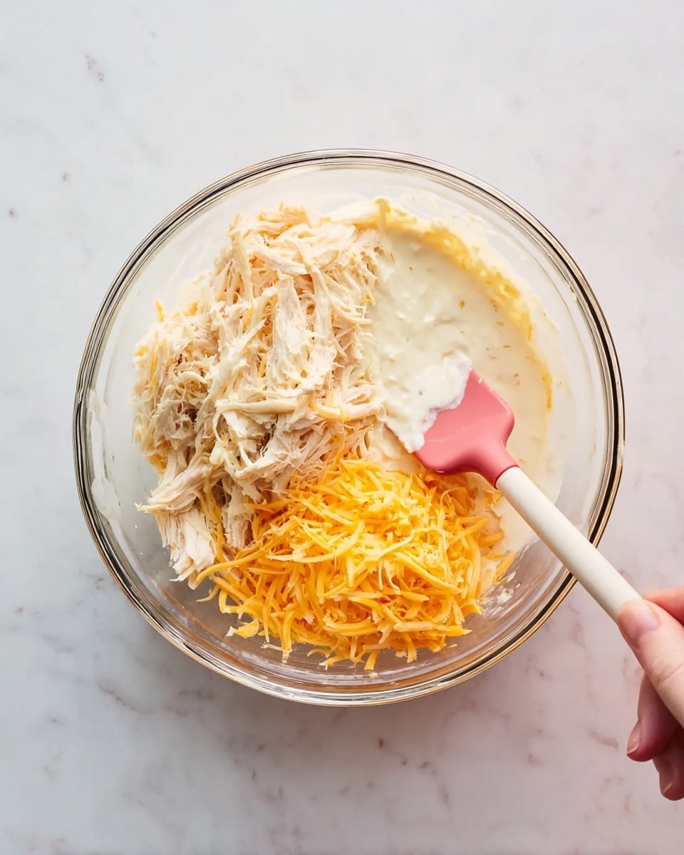 A clear glass bowl sits on a white marbled surface, holding three main layers of ingredients side by side. On the left, there is shredded pale meat with a fibrous texture, in the middle a creamy white sauce, and on the right a small pile of finely shredded bright orange cheese. A woman's hand holds a pink spatula with a white tip, partially resting in the creamy sauce layer, ready to mix. The photo is taken from above with soft natural light giving a clear view of all details photo taken with an iphone --ar 4:5 --v 7