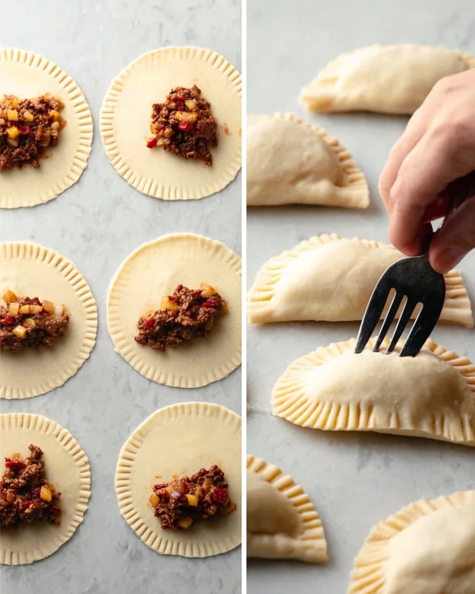 The image is split into two parts. On the left, several round white dough circles are laid out on a white marbled surface, each topped with a small pile of a dark ground meat mix with visible bits of red and yellow, possibly bell peppers or cheese. On the right, a woman's hand is holding a black fork and pressing the edges of the folded dough halves to seal them, creating a crimped pattern along the curved edge. Six sealed half-moon shaped dough pockets rest on the same white marbled surface. photo taken with an iphone --ar 4:5 --v 7