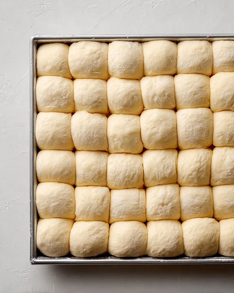 The image shows a metal baking tray filled with many small, soft dough rolls arranged closely together to cover the entire tray. The rolls are light beige in color with a smooth texture, and they look puffy and slightly uneven in shape, some leaning or pressing against each other. The background surface is white with a marbled texture. Photo taken with an iphone --ar 4:5 --v 7