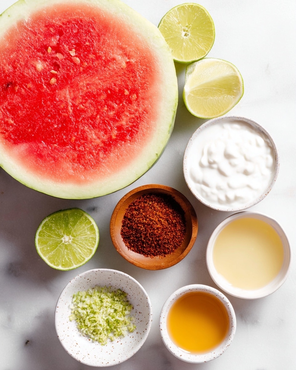 The image shows a large round slice of watermelon with bright red flesh and white rind, placed on a white marbled surface. Surrounding the watermelon are six small bowls arranged loosely around it. One small wooden bowl filled with coarse, dark red chili powder sits just below the watermelon slice. To its left is a white bowl containing a frothy white liquid, while above it is another white bowl filled with thick white cream. Below the chili powder bowl is a white speckled bowl holding finely grated green lime zest. Near this bowl, there is a halved lime showing its vibrant green flesh and a whole lime next to it. Two more white bowls hold a clear pale yellow liquid and golden honey-like syrup, positioned near the bottom left and bottom right of the arrangement. The whole scene is set against a clean white marbled surface. Photo taken with an iphone --ar 4:5 --v 7