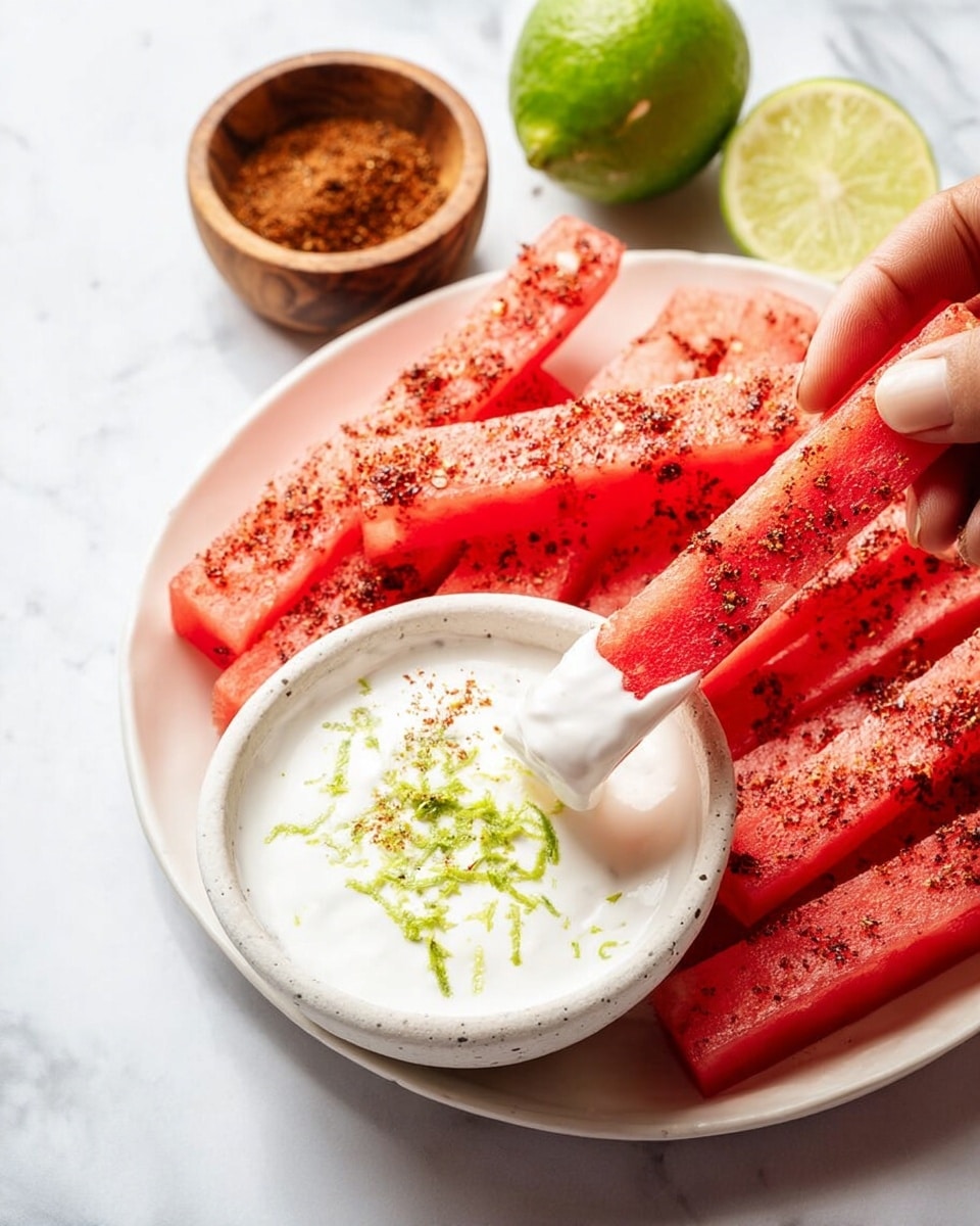 A white plate holds several long, thin sticks of red watermelon sprinkled with dark chili powder, arranged closely together. In front of the plate, a white stone bowl filled with creamy white dip with green lime zest on top sits slightly to the right. A woman's hand is dipping one watermelon stick into the creamy dip, covering its bottom part. Behind the bowl, a half lime and a small wooden bowl with brown chili powder add color and texture contrast. All of this rests on a white marbled surface. photo taken with an iphone --ar 4:5 --v 7