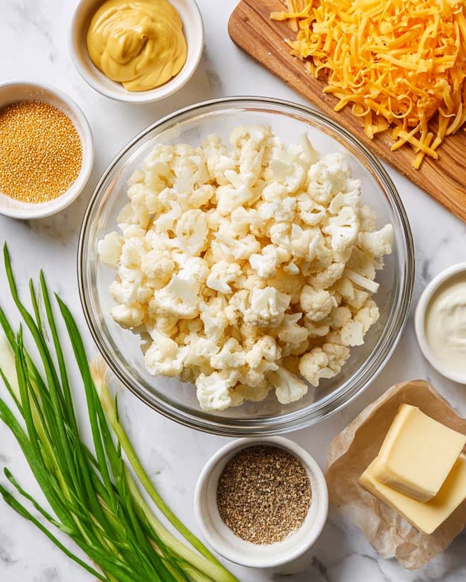 A clear glass bowl filled with small, white cauliflower pieces sits in the center of the image on a white marbled surface. Around the bowl are six small white bowls containing smooth yellow mustard, golden crunchy flakes, ground black pepper, melted yellow butter, and white sour cream. A wooden board with shredded orange cheddar cheese is in the top right corner, and fresh green onions lie diagonally across the bottom left corner. The photo taken with an iphone --ar 4:5 --v 7
