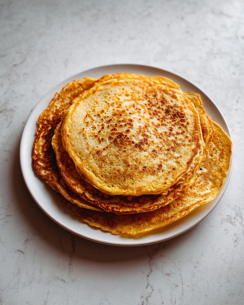 Red Lentil Pancakes with Zucchini, Vegan Yogurt, and Chutney Recipe 5 Four golden brown pancakes with a slightly uneven round shape are stacked on a white plate. Each pancake shows a textured surface with small holes and some darker brown spots, especially on the upper three layers, giving a crispy look. The edges are a bit wavy and slightly darker than the center. The plate sits on a white marbled surface, and the overall lighting is soft and natural. photo taken with an iphone --ar 4:5 --v 7
