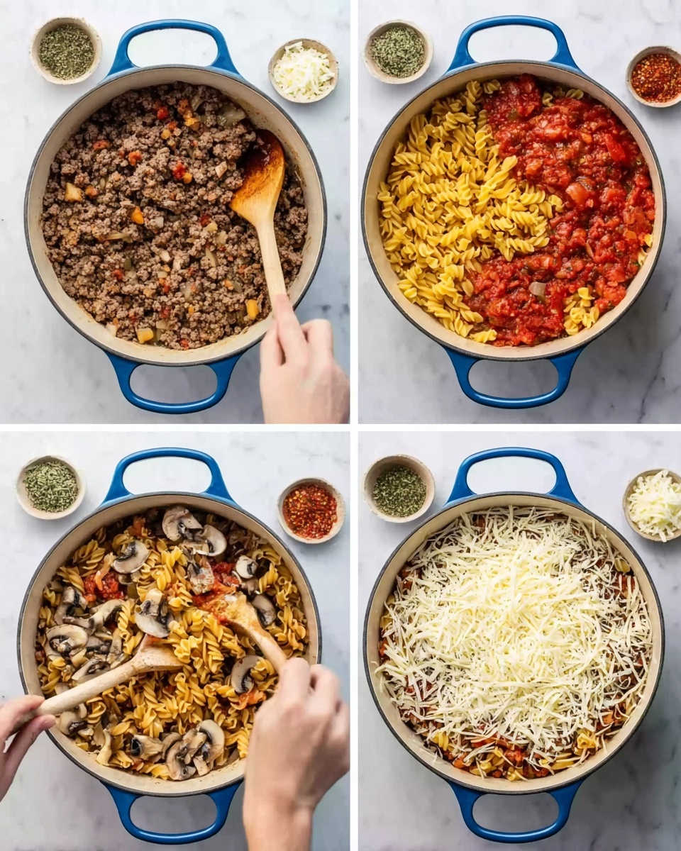 A white round pot with blue handles is shown from above in four steps of cooking pasta. The first layer is browned ground meat mixed with chopped onions and herbs, stirred with a wooden spoon held by a woman's hand. The second layer adds dry yellow twisted pasta, chopped mushrooms, and red tomato sauce on top of the meat. The third layer shows the pasta mixed with the meat and sauce, slightly melted and cooked, being stirred by the woman's hand with the wooden spoon. The last layer covers everything with a thick layer of shredded white cheese. The pot is placed on a white marbled surface with small bowls of cheese, herbs, sauce, and broth around it. photo taken with an iphone --ar 4:5 --v 7