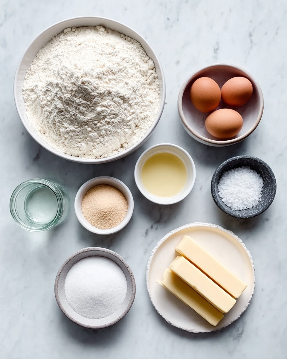 Parker House Rolls Recipe 4 The image shows raw baking ingredients neatly arranged on a white marbled surface. There is one large white bowl filled with white flour that has a slightly lumpy texture. To the right of the flour, three brown eggs are placed close together. Above the eggs, a small white bowl contains a liquid that looks like oil or milk. Below the eggs, there is a small white bowl with white granulated sugar. To the left of the sugar bowl, there is a small glass jar with a clear liquid. Above the jar, a white bowl holds a light brown powder, possibly yeast. Next to it, a small dark gray stone bowl is filled with coarse sea salt. Finally, near the center, two pale yellow sticks of butter sit on a white plate. The setup is minimal and clean, with the ingredients spread out evenly. Photo taken with an iphone --ar 4:5 --v 7