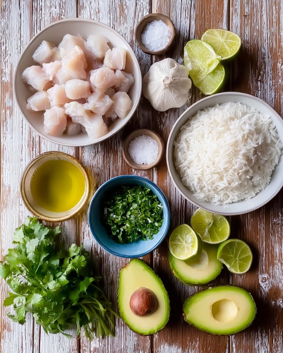 The image shows an arrangement of ingredients on a wooden surface. There is a white bowl filled with small, light pink pieces of raw chicken on the left. Below it, a small blue bowl holds green and white herbs. To the right, a garlic bulb and three halved avocados display their green flesh and one seed. Above the avocados, a small clear glass of yellow oil is placed near green cilantro leaves and a tiny bowl of white salt. On the right side, two white bowls are filled with white rice, and three stacked lime halves complete the setup. The whole arrangement is on a white marbled texture surface. Photo taken with an iphone --ar 4:5 --v 7