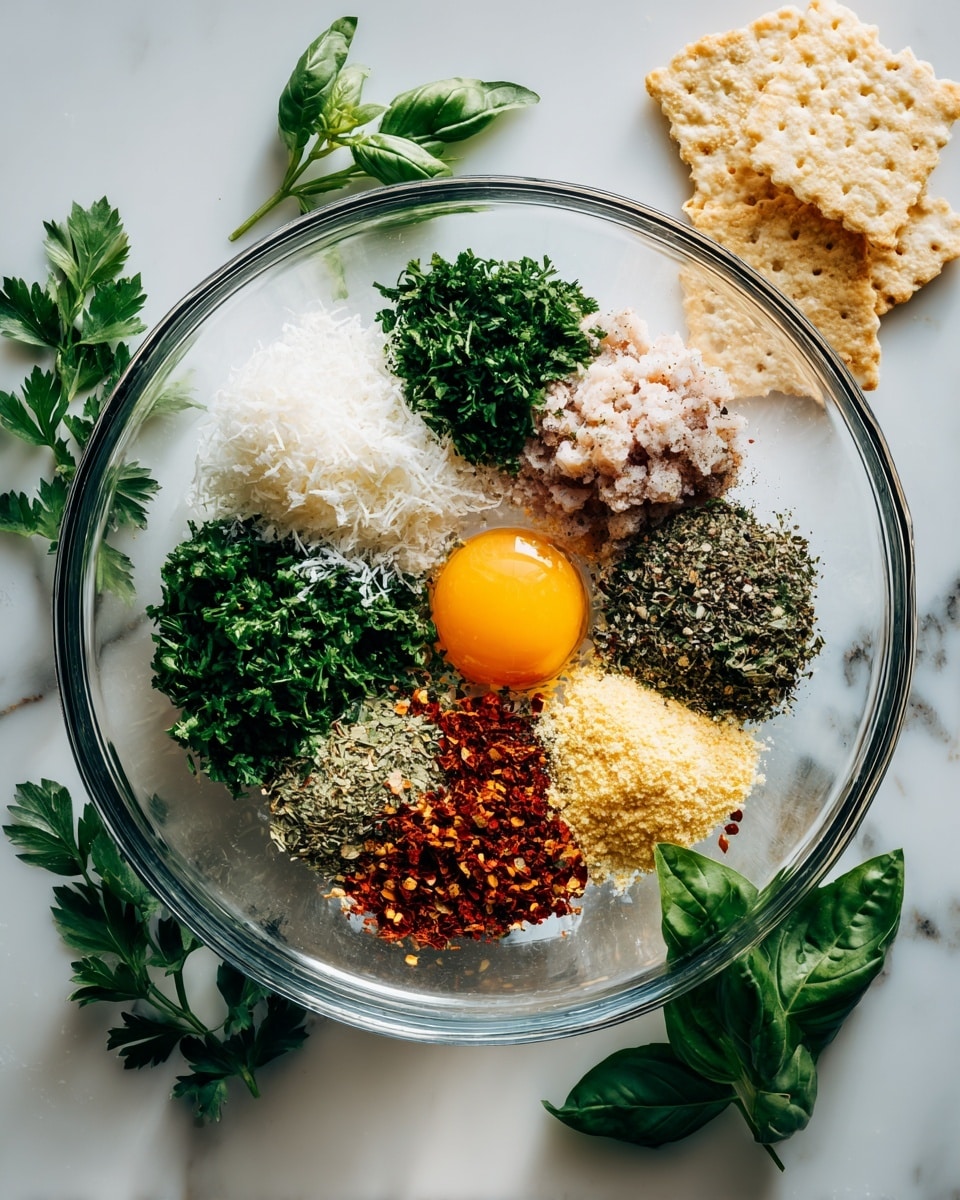 A clear glass bowl on a white marbled surface holds nine ingredients arranged in separate piles, forming a circle. Starting from the bottom left and moving clockwise, there is a mound of fresh chopped green parsley, a pile of white grated cheese, a bright orange egg yolk sits near the center, to the right of the yolk is minced pale pink meat, followed by a pile of dried mixed herbs in greenish-brown, then a small heap of light yellow breadcrumbs, next is a patch of white salt, a dark pile of ground black pepper, and above the yolk a bright pile of red chili flakes. Surrounding the bowl on the white marbled surface are scattered fresh green basil and parsley leaves, along with a piece of light beige cracker topped with grated white cheese near the top right. photo taken with an iphone --ar 4:5 --v 7