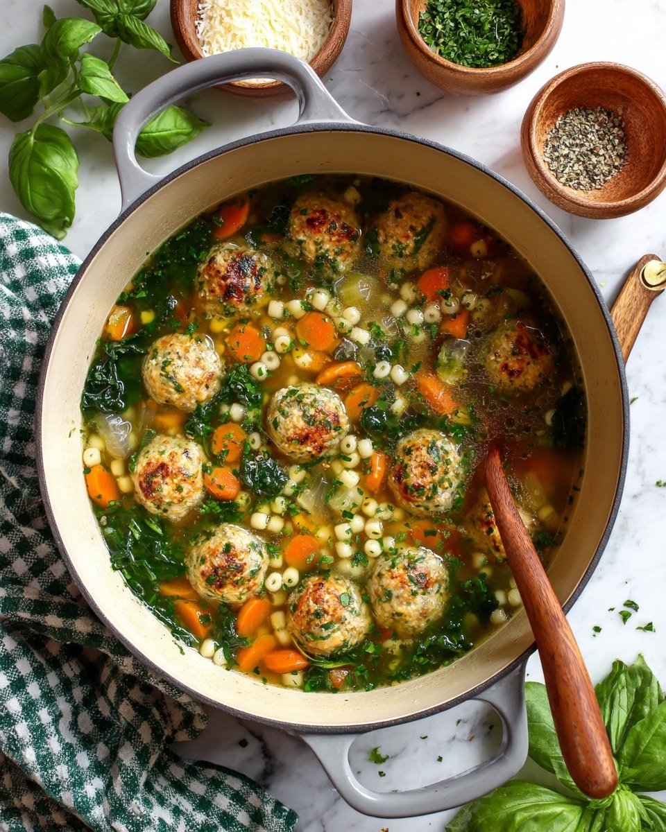 The image shows a large light gray pot with two handles filled with clear soup. Inside the soup, there are three main layers: small round meatballs that are golden-brown with green herbs, bright orange carrot slices, and dark green leafy vegetables mixed in with small white pasta pearls scattered throughout. A wooden spoon rests inside the pot on the right side, partially submerged in the soup. The pot sits on a white marbled surface surrounded by a green and white checkered cloth on the top left, small bowls with pepper and chopped green herbs on the top right, scattered fresh basil leaves, and a bowl with grated cheese near the bottom. photo taken with an iphone --ar 4:5 --v 7