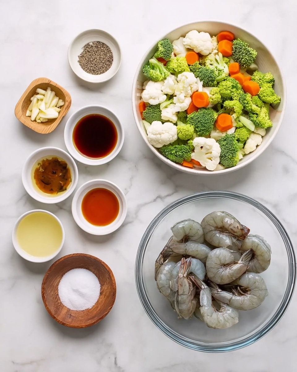 The image shows ingredients arranged neatly on a white marbled surface. In a large clear glass bowl on the right are several raw shrimp, grayish with a slightly translucent texture. To the left is a white bowl filled with mixed frozen vegetables including green broccoli florets, orange carrot pieces, white cauliflower, and some small green peas. Surrounding these are small white bowls containing different sauces and seasonings: one with minced garlic, one with black pepper, one with a light brown liquid, another with a reddish-brown sauce, and two small wooden bowls holding salt and a white powder. All items are placed carefully and viewed from above, photo taken with an iphone --ar 4:5 --v 7