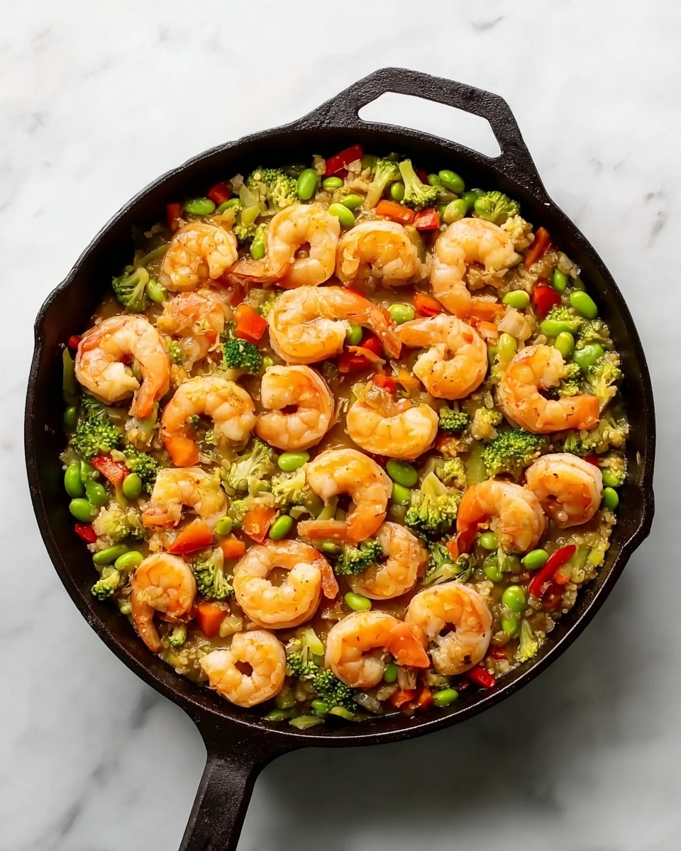 A black cast iron pan filled with a colorful shrimp stir-fry on a white marbled surface. The dish has several layers: the base layer is a mix of green broccoli florets, light green edamame beans, and small pieces of cauliflower, adding a varied texture. On top of that are bright orange cooked shrimp, evenly spread and slightly curled, giving a plump look. Mixed in are small slices of red and orange bell peppers, adding more color contrast. The entire stir-fry is coated in a light shiny sauce that gives a fresh and savory appearance. photo taken with an iphone --ar 4:5 --v 7