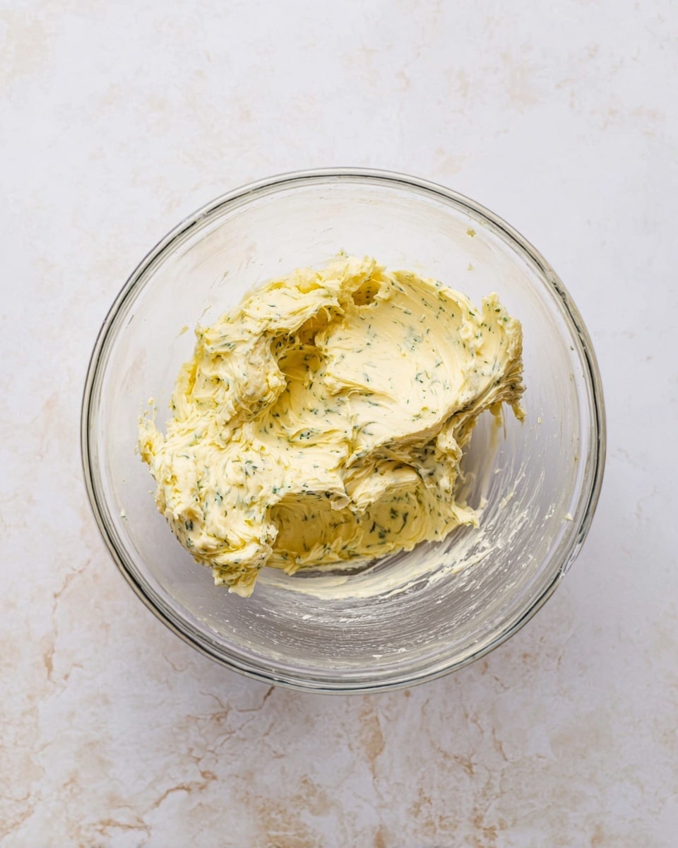 A clear glass bowl sits in the middle of a white marbled surface, holding a single layer of thick, creamy yellow butter mixed with small green herb pieces, giving it a textured, speckled look. The butter mixture is roughly shaped with soft peaks and a slightly uneven surface, placed in the center of the bowl showing the clear glass sides and bottom. photo taken with an iphone --ar 4:5 --v 7