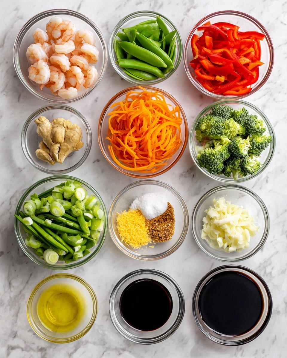 The image shows thirteen clear glass bowls arranged on a white marbled surface, each filled with a different colorful ingredient. From top left to bottom right: peeled pink shrimp with tails on, bright orange shredded carrots, thinly sliced red bell pepper strips, and green broccoli florets. Below those are fresh green snap peas, chopped green onions, a light yellow chicken broth, dark soy sauce, white cornstarch powder, golden brown sugar, and light yellow minced garlic. Two small bowls contain pale yellow vegetable oil and dark amber sesame oil. Each ingredient stands out distinctly by its color and texture in the clear bowls, all carefully placed with clean spacing. Photo taken with an iphone --ar 4:5 --v 7