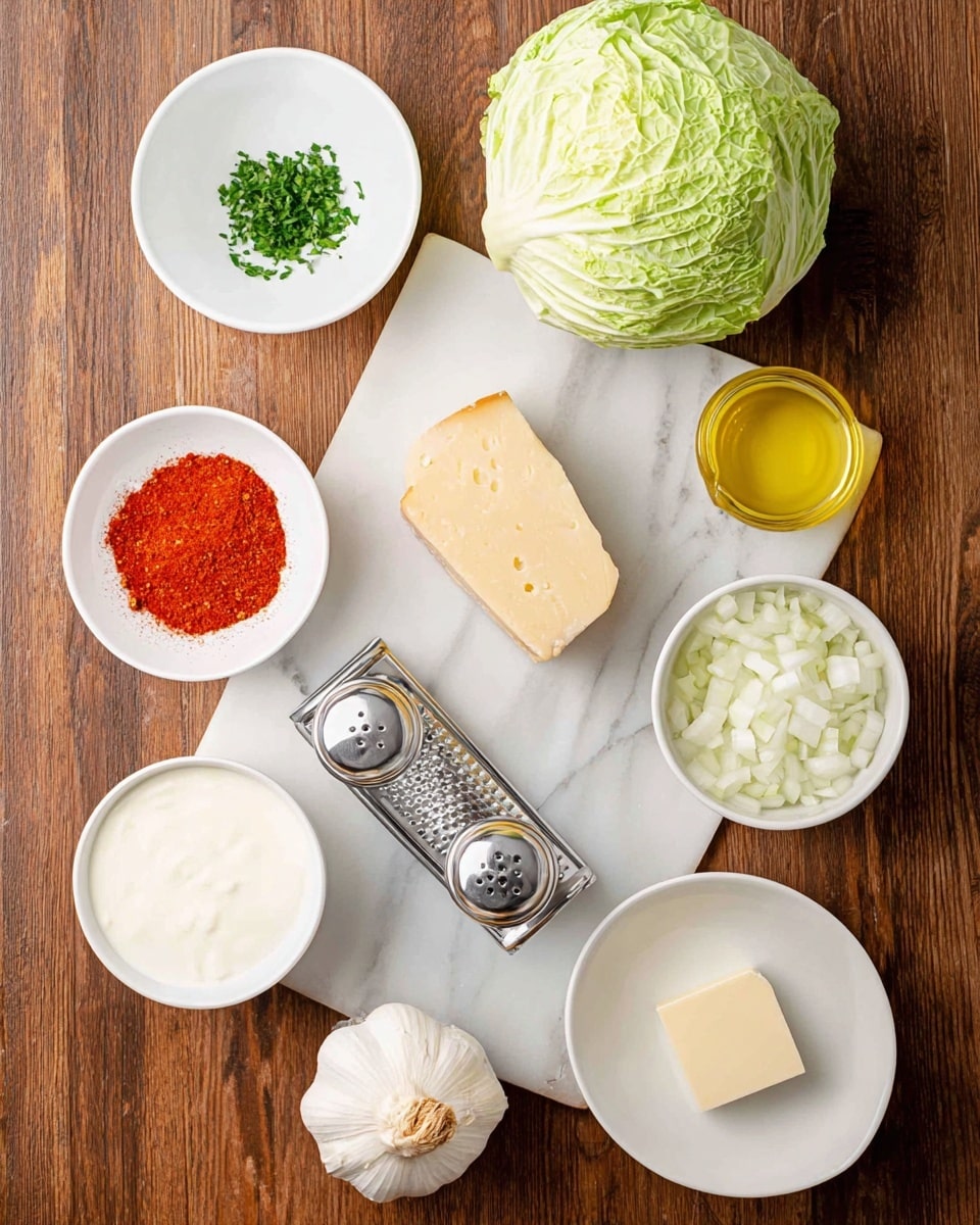 A white plate holds a small pile of bright red paprika powder, next to a small white plate with chopped green herbs. Nearby is a white bowl filled with golden yellow olive oil, and a whole round light green cabbage sits beside it. A pair of glass salt and pepper shakers stand in the center. A small white bowl holds creamy white milk or cream, next to a white bowl filled with chopped white onions. A piece of pale yellow cheese rests on a metal grater with a wooden handle, placed diagonally. A whole white garlic bulb and a small white plate with a square of light butter complete the arrangement. All items are on a white marbled surface photo taken with an iphone --ar 4:5 --v 7
