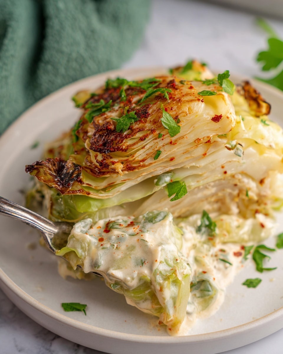 A close-up of a layered dish on a white plate showing three main layers: the bottom layer is light green soft cabbage leaves, the middle layer is creamy white sauce with small green herb pieces, and the top layer is browned, roasted cabbage leaves with flecks of red spice and chopped fresh green parsley. A silver fork holds a bite-sized piece of the cabbage, showing its soft texture and light charring at the edges. The plate sits on a white marbled surface with a blurred green cloth nearby. photo taken with an iphone --ar 4:5 --v 7