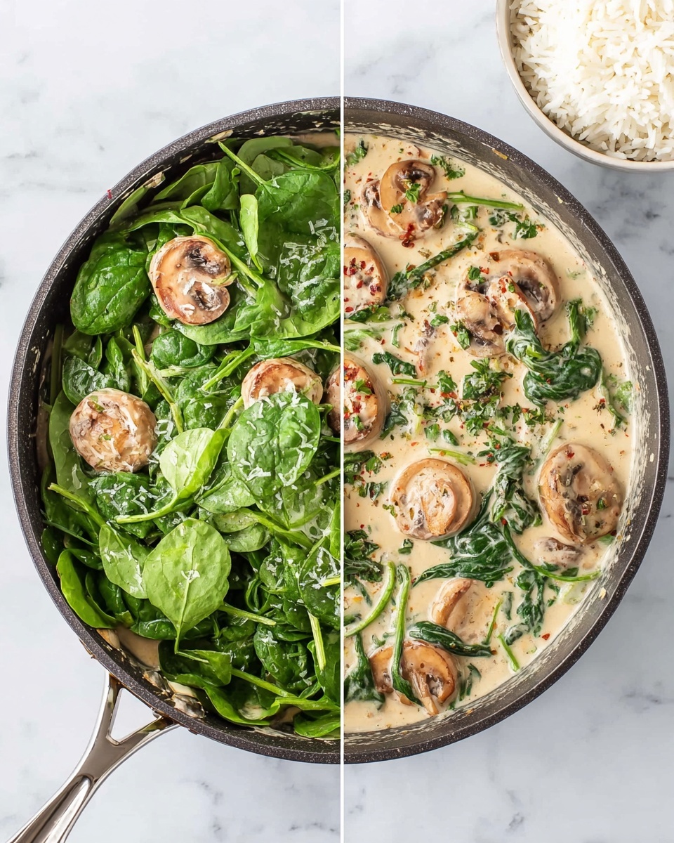 The image shows two views of a pan with a creamy mushroom sauce. The pan sits on a white marbled surface with a bowl of white rice nearby. In the left view, there is one layer of whole cooked mushrooms in light brown, floating in light cream sauce with specks of seasoning, topped with a large layer of fresh bright green spinach leaves covering most of the mushrooms. In the right view, the spinach has wilted and mixed into the creamy sauce, creating a second layer of cooked dark green spinach intertwined with the first layer of mushrooms, all covered in the thick cream sauce with some browned spots on the mushrooms. The pan is dark with a metal handle. Photo taken with an iphone --ar 4:5 --v 7