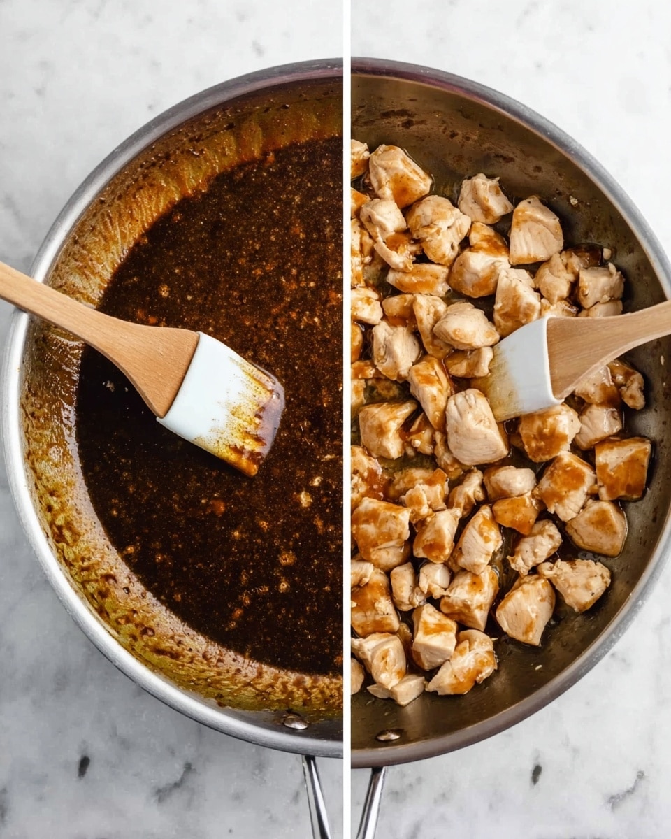 Two images side by side showing a cooking process in a silver pan on a white marbled surface. On the left side, the pan holds a dark brown, thick sauce with a slightly shiny texture, and a wooden spatula with a white silicone tip is stirring it. On the right side, the same pan now has many chunks of light beige cooked chicken covering most of the sauce; the wooden spatula with a white silicone tip is pushing the chicken pieces to one side. The photo is taken with an iphone --ar 4:5 --v 7