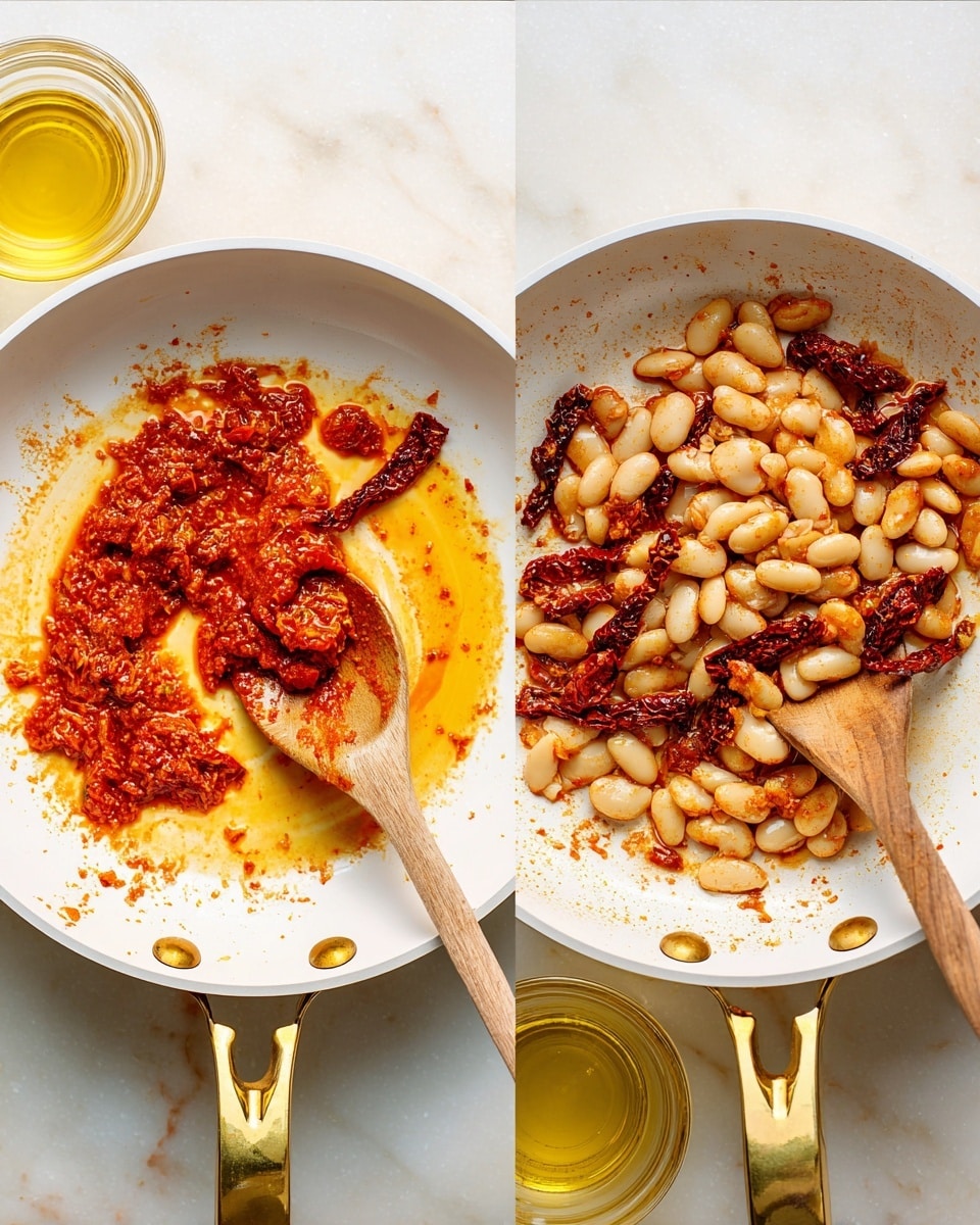 Two white frying pans with gold handles sit on a white marbled surface. In the left pan, there are small clumps of red-orange sauce with a slightly oily texture spread unevenly across the bottom and around a wooden spoon resting inside. The right pan contains more ingredients: a layer of pale white beans mixed with strips of dark sun-dried tomatoes and the same red-orange sauce, which coats the beans and tomatoes lightly. A wooden spoon rests inside this pan too, and a glass cup pouring light yellow liquid is partially visible at the lower left edge. Photo taken with an iphone --ar 4:5 --v 7