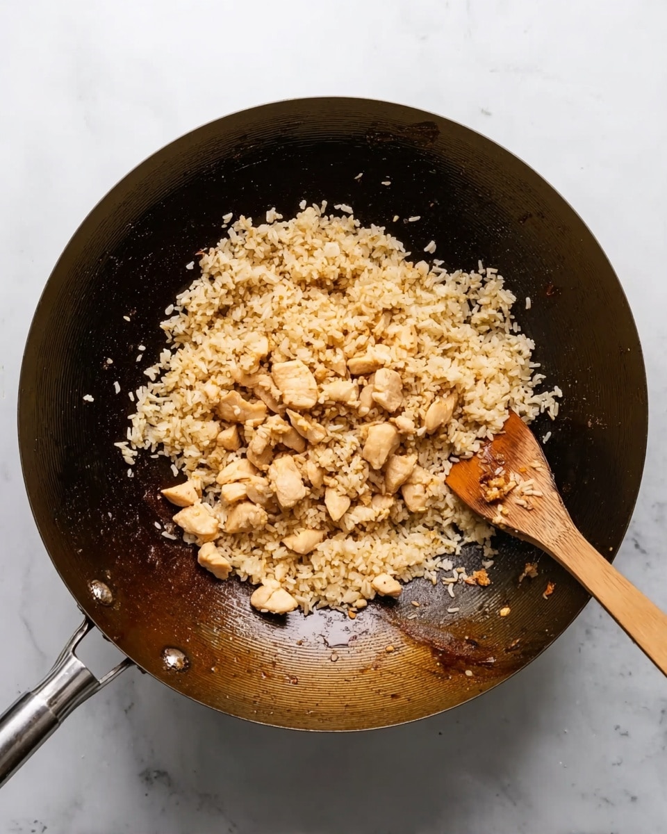A dark metal wok filled with light brown cooked rice mixed with small pieces of light tan cooked chicken. The rice and chicken are spread mainly in the center of the wok, leaving the edges of the wok visible and showing some oil stains. A wooden spatula rests inside the wok on the right side, with some rice grains clinging to it. The wok sits on a white marbled surface. photo taken with an iphone --ar 4:5 --v 7