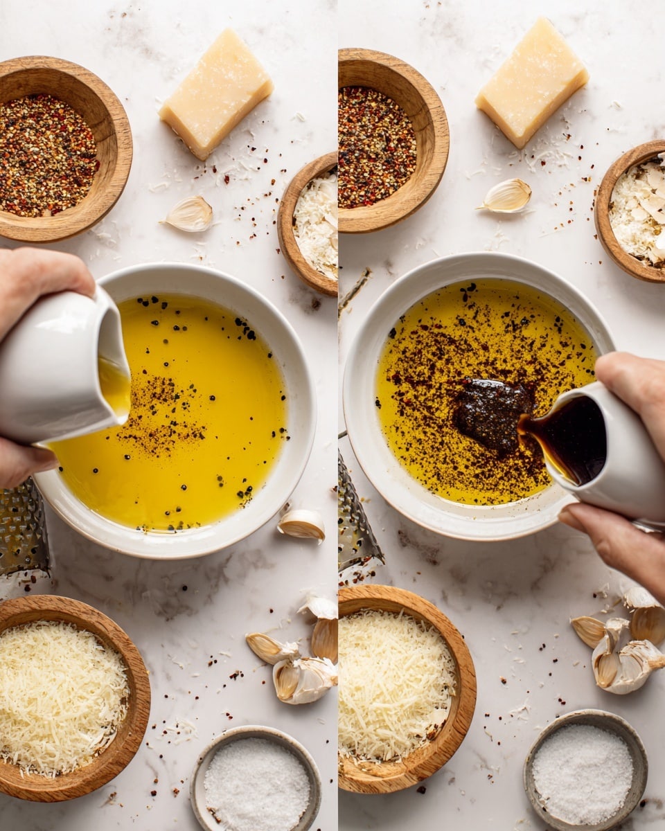 The image shows two white bowls filled with olive oil, black pepper, and red chili flakes on a white marbled surface. In the left bowl, a woman's hand is pouring a light yellow liquid from a small white pitcher onto the spices and oil, creating bubbles. The right bowl has an additional dark brown sauce being poured into the olive oil and spices, spreading over the surface with small bubbles. Around the bowls are scattered garlic cloves, a wedge of cheese with a grater next to it, small wooden bowls filled with grated cheese, and a small white salt dish, all placed on the white marbled surface. photo taken with an iphone --ar 4:5 --v 7
