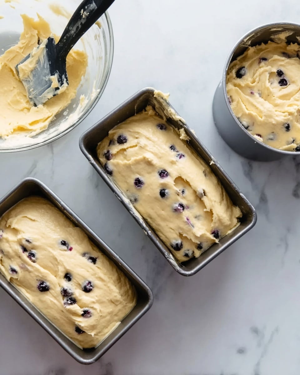 The image shows three metal loaf pans placed on a white marbled surface, each filled with pale yellow batter mixed with small dark blueberries. The batter is spread unevenly inside the pans, showing a creamy, soft texture with visible blueberry spots. Nearby, there is a clear bowl with some remaining batter inside and a spatula resting on the surface with batter on its edge. The scene is bright and clean with light coming from above, and the metal pans reflect the soft light gently. photo taken with an iphone --ar 4:5 --v 7