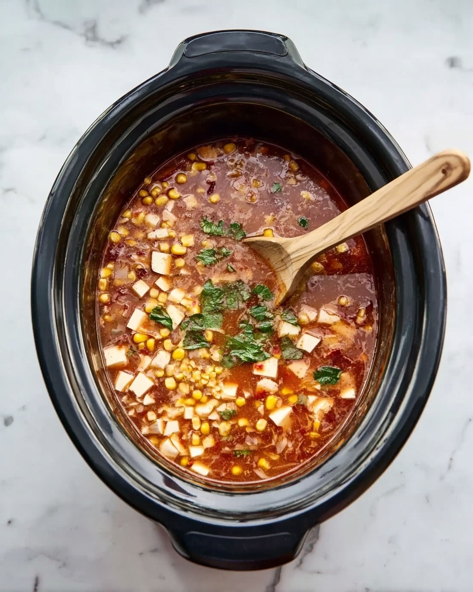 A black slow cooker filled with a chunky soup is shown from above, sitting on a white marbled surface. The soup has a reddish broth base and contains small white pieces shaped like tofu or cheese cubes, yellow corn kernels evenly spread, and some green leafy herbs floating on top in one area. A wooden spoon with a light handle and a dark flat head rests inside the cooker, partially immersed in the soup. The slow cooker has two black handles on each side. Photo taken with an iphone --ar 4:5 --v 7