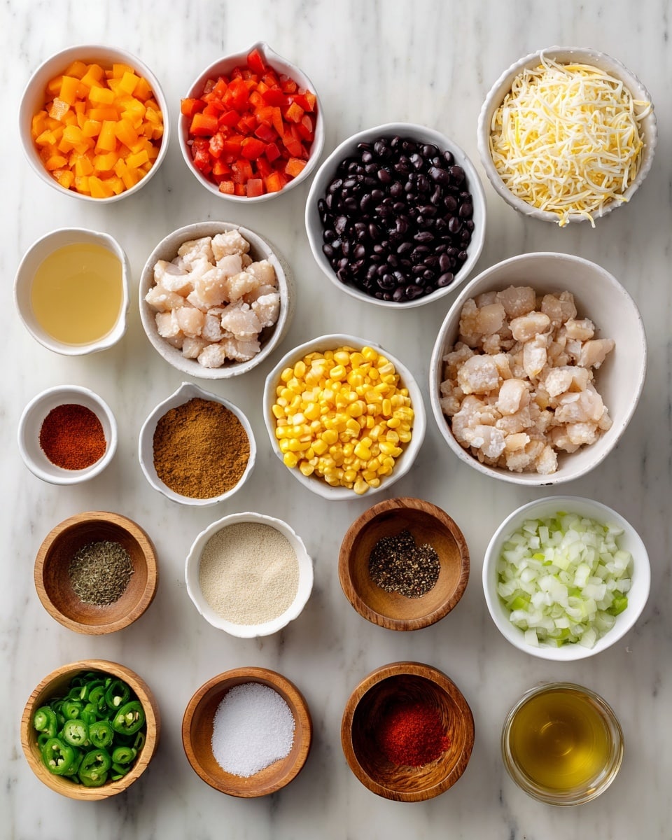 The image shows an overhead view of many small white bowls and wooden cups arranged neatly on a white marbled surface. There are fourteen bowls filled with different ingredients: clear cubed chicken pieces in one bowl, black beans in another, bright red diced tomatoes, small orange bell pepper cubes, a bowl of yellow corn, white rice grains, and two types of cheese—one shredded white and the other shredded yellow—layered together. Other white bowls hold diced white onions, chopped green jalapeno, and sliced green onions. Wooden cups contain various spices and seasonings: chili powder and smoked paprika in dark reddish colors, light brown cumin, white salt crystals, black pepper, light tan onion powder, finely chopped garlic, and a dark brown cooking oil. There is also a light yellow broth in a clear cup. The whole scene is clean and organized, with each ingredient clearly visible. photo taken with an iphone --ar 4:5 --v 7
