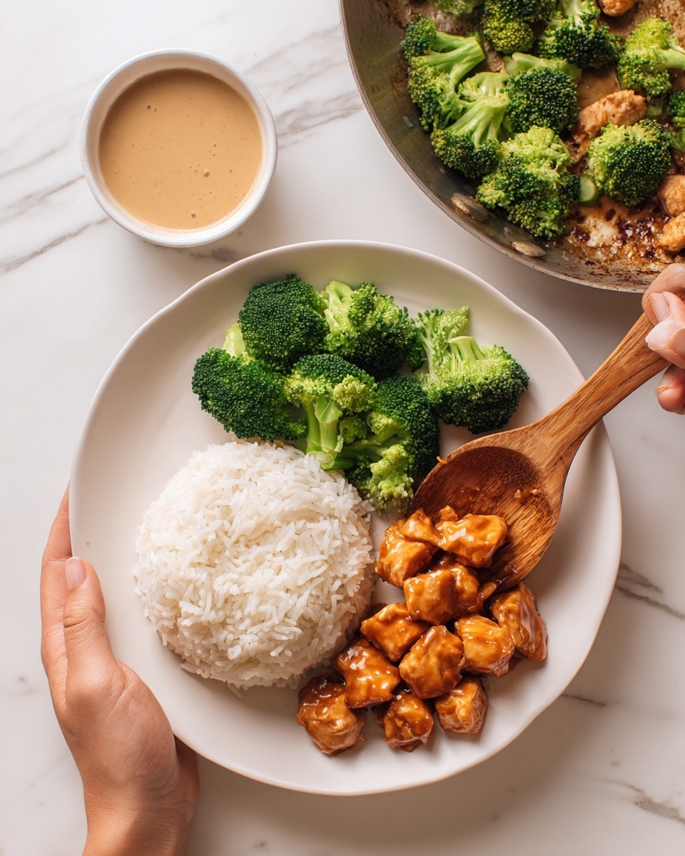 A white plate holds three sections of food on a white marbled surface. On the left, there is a mound of white rice with a soft, fluffy texture. Next to the rice, there are bright green broccoli florets with a fresh, crisp look. On the right side of the plate, there are small pieces of orange-brown sauce-covered chicken being placed with a wooden spoon held by a woman’s hand. Surrounding the plate, there is a large pan with more sauce-covered chicken on the top right, a bowl of fresh broccoli on the bottom left, and a small white bowl of light brown sauce on the left side. Photo taken with an iphone --ar 4:5 --v 7