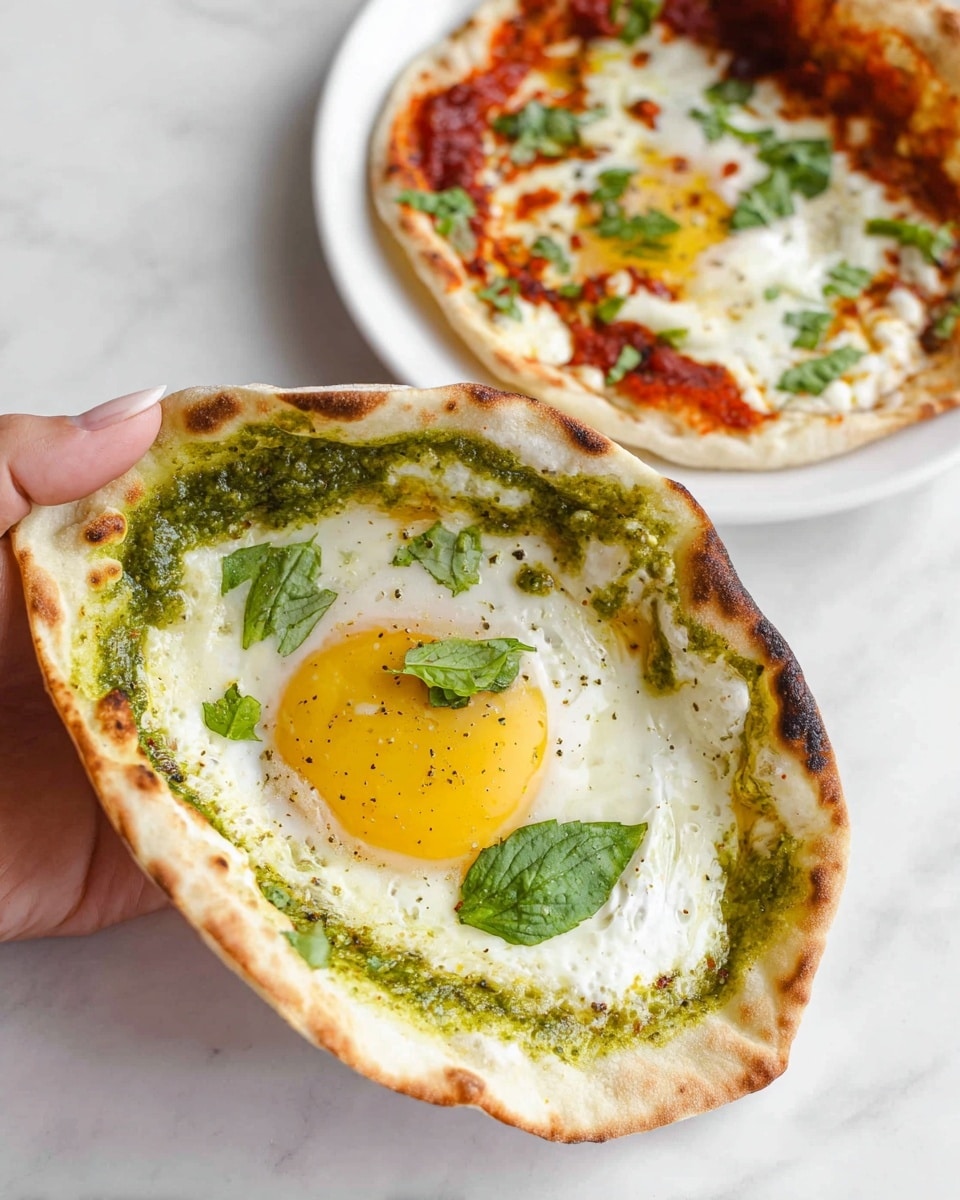 The image shows two flatbreads, each with one fried egg inside, placed on a white marbled surface. The flatbread in the foreground is held by a woman's hand, folded around the fillings. It has a golden-yellow fried egg with a bright yolk in the center, surrounded by a layer of white cheese that is slightly browned around the edges. There is a green sauce spread unevenly on the cheese and garnished with fresh green basil leaves scattered on top. The flatbread in the background is on a white plate and has a fried egg topped with a red sauce and green herb pieces. The image has a soft focus on the background and clear detail on the flatbread held by the woman's hand, photo taken with an iphone --ar 4:5 --v 7