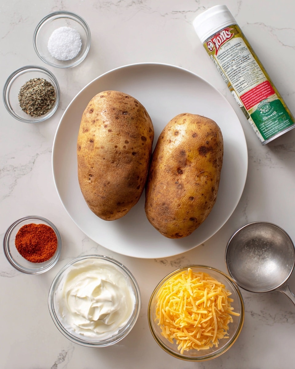 The image shows two cooked baked potatoes with a brown, textured skin, placed side by side on a white plate that sits on a white marbled surface. To the right of the plate, there is a white spray can of olive oil with green and red labels. Below the plate, from left to right, are small glass and metal containers holding paprika powder (red), 5% plain Greek yogurt or sour cream (white and creamy), half & half cream (white liquid), and shredded yellow cheese in a metal measuring cup. Next to the cheese is a glass bowl with salt and black pepper, both neatly divided. The whole scene is well-lit, with a clear and clean arrangement photo taken with an iphone --ar 4:5 --v 7