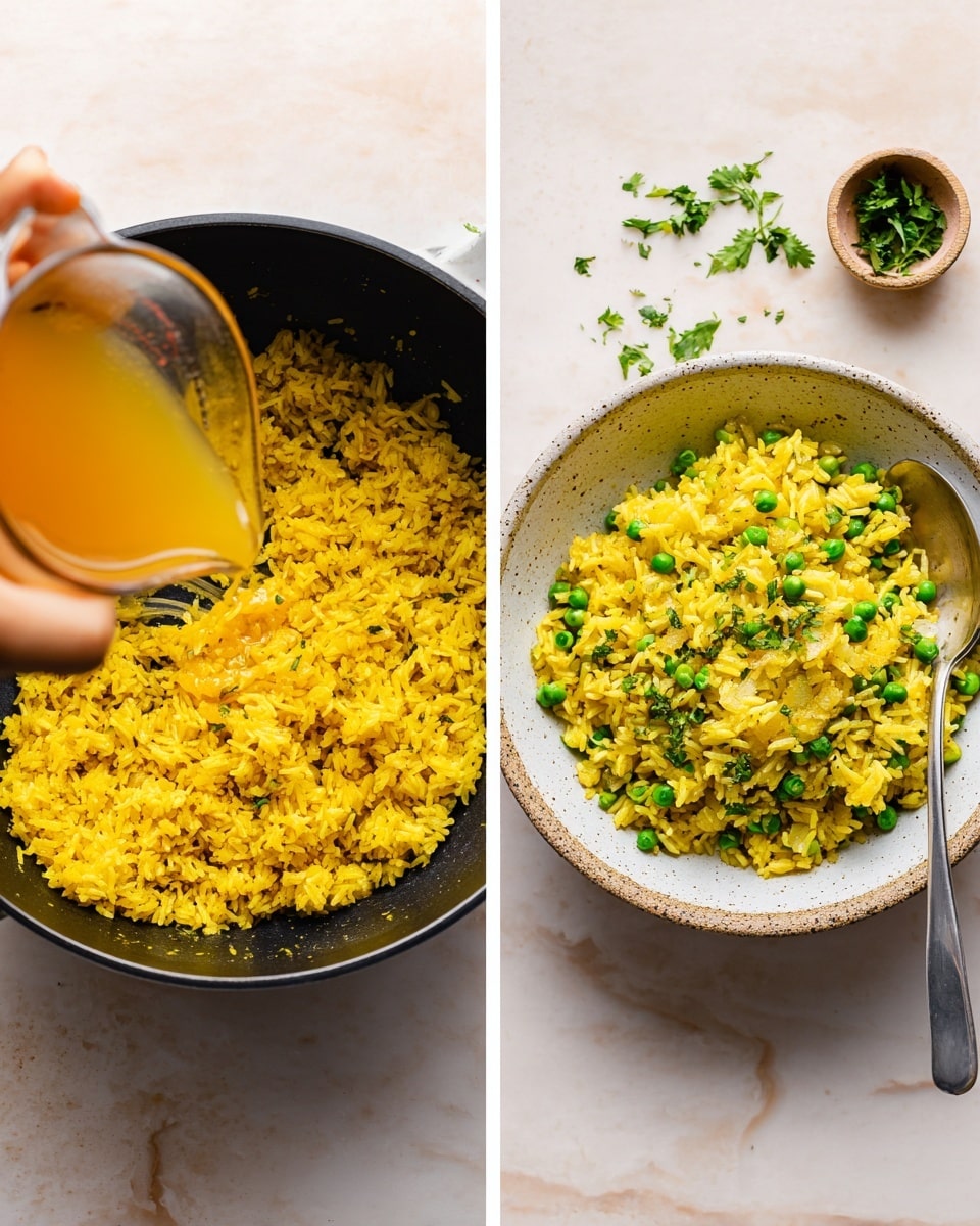 The image shows two parts: on the left, a black pot with cooked yellow rice, where a golden liquid is being poured in from a transparent measuring cup held by a woman's hand; the rice has visible small onion pieces mixed inside. On the right, a white speckled bowl sits on a white marbled surface, filled with yellow rice mixed with green peas and small bits of cilantro leaves scattered on top. A silver spoon rests inside the bowl on the left side, and chopped cilantro garnishes surround the bowl lightly on the surface. Photo taken with an iphone --ar 4:5 --v 7
