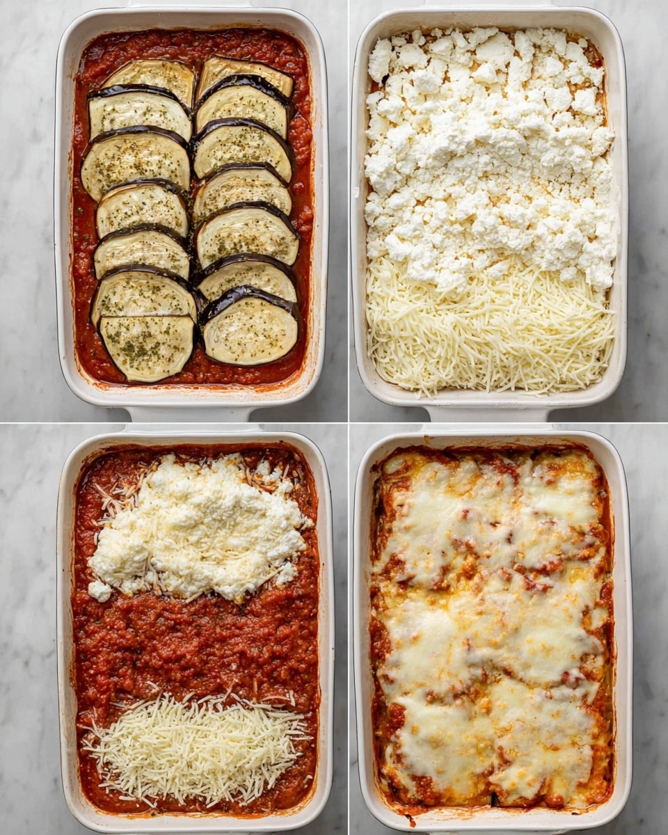 This image shows six stages of making a layered eggplant casserole in a white rectangular baking dish placed on a white marbled surface. The first layer is a smooth, chunky red tomato sauce with bits of herbs spread evenly at the bottom. On top of that, the second layer has large, flat eggplant slices with light grill marks, arranged neatly to cover the sauce. The third layer is scattered with crumbled white cheese spread over the eggplant. Next, there is a thick layer of shredded white mozzarella cheese covering the cheese and eggplant below. The fifth stage shows more shredded mozzarella cheese with a few eggplant slices laid on top. Finally, the last stage displays the casserole fresh from the oven, with melted golden-brown cheese bubbling and some browned spots, along with visible baked eggplant slices on the surface. photo taken with an iphone --ar 4:5 --v 7