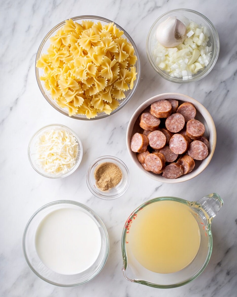 The image shows several small clear glass bowls and measuring cups arranged on a white marbled surface, each containing different ingredients. There is one bowl with uncooked yellow bow-tie pasta at the top center, another with chopped white onions at the upper left, and a bowl with two garlic cloves at the upper right. Below there is a bowl filled with sliced round sausage pieces to the right and a small bowl of light brown seasoning in the center. On the left, a measuring cup holds a white creamy liquid, while another small bowl contains a pale grated cheese. At the bottom right, a clear measuring cup is filled with light yellow broth. photo taken with an iphone --ar 4:5 --v 7