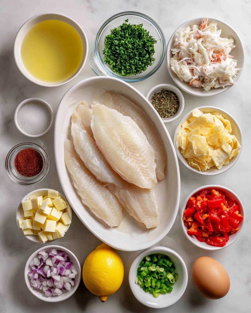 The image shows a white oval dish in the center filled with three pale, smooth flounder fillets overlapping each other. Surrounding the dish are small white bowls and a clear measuring cup, each holding different ingredients: bright green chopped parsley in one bowl, a whole yellow lemon next to it, light yellow broth in the clear cup, shredded pale lump crab in a bowl, golden crushed crackers in a bowl, finely diced light purple shallots in another bowl, a small bowl with yellow cubes of unsalted butter, a raw brown egg resting on the surface, a small bowl of dark green capers, a small bowl of dark red Old Bay seasoning, bright red diced bell peppers in a bowl, chopped green onions in a bowl, and a small bowl of creamy white mayo. All these items rest on a white marbled surface. photo taken with an iphone --ar 4:5 --v 7