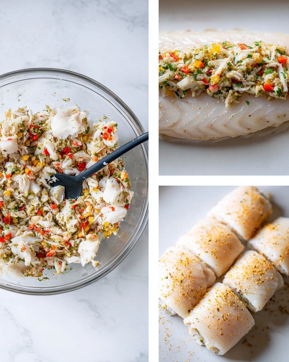 The image set shows the making of a stuffed fish dish in three steps on a white marbled surface. The first image features a clear glass bowl filled with a mixture of white flaked fish, small bits of red and yellow bell peppers, and green herbs, all mixed evenly with a black spatula resting inside. The second image shows a large white fish fillet laid flat, topped with a thick layer of the same mixed stuffing, spread from one end to the other. The third image is a close-up of three rolled fish fillets, stuffed inside and sprinkled with a light coating of orange seasoning powder, arranged tightly next to each other. Photo taken with an iphone --ar 4:5 --v 7